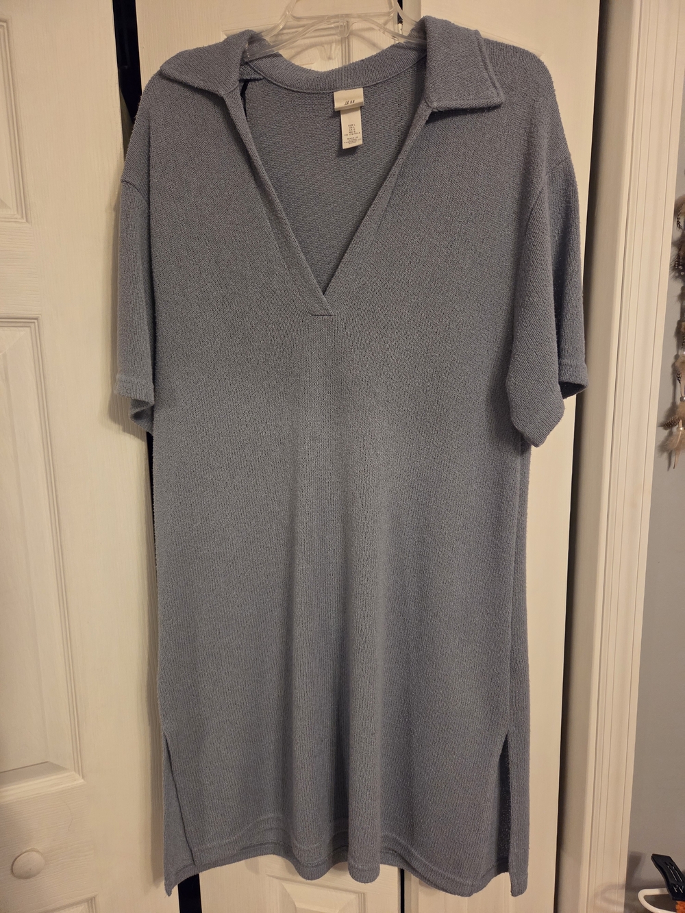 Light Blue Women's Short-Sleeve Collar V-Neck Knit Dress